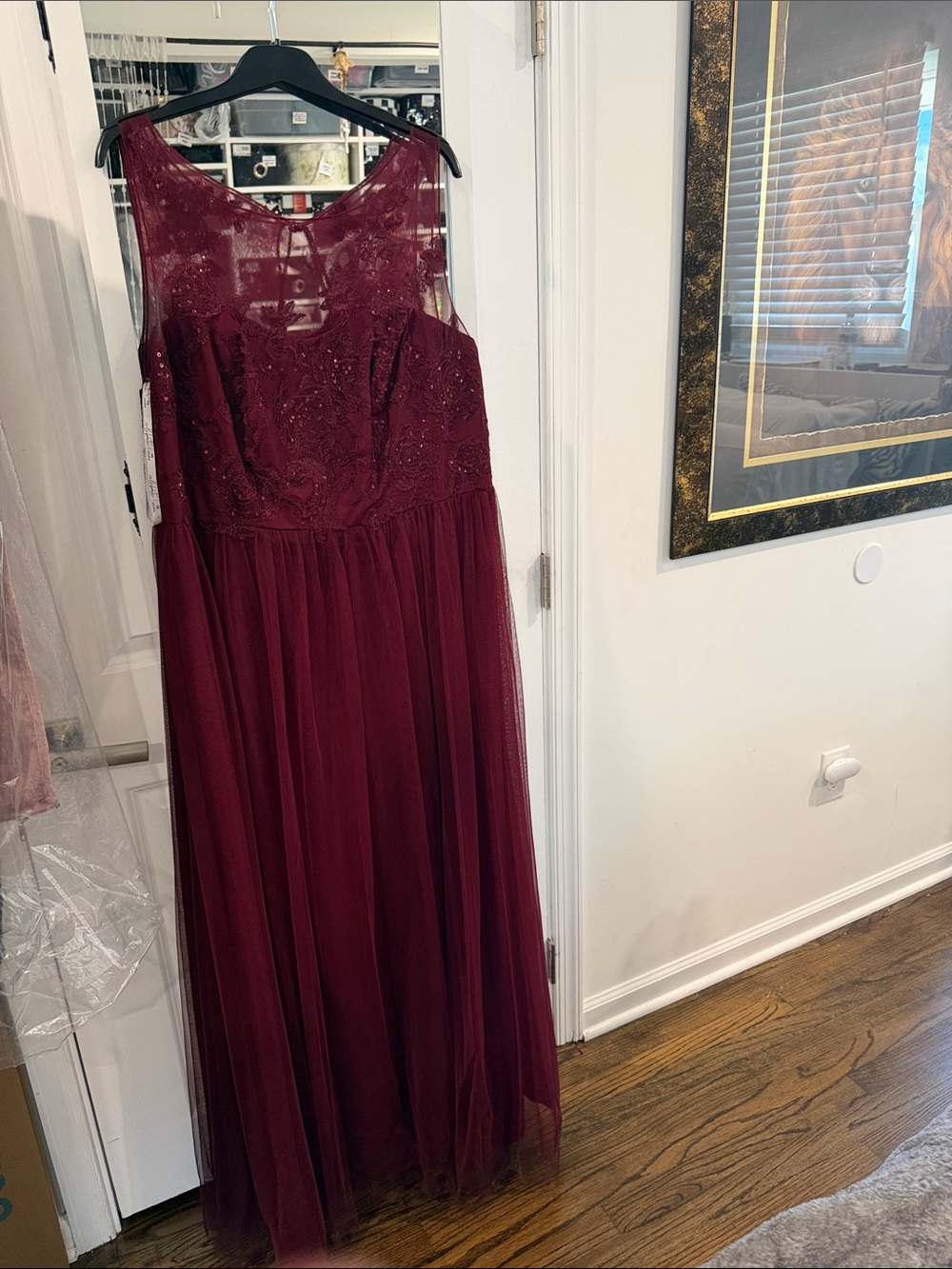 Celebrate Db Studio Burgundy Beaded Tulle Maxi Dress with Illusion Neckline